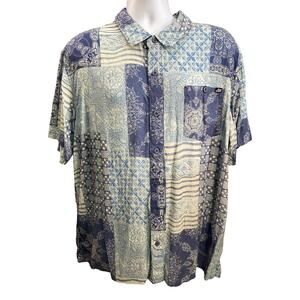 Lost Shirt Mens XL Blue Patchwork Denim Look Viscose/Linen Hawaiian Button Up